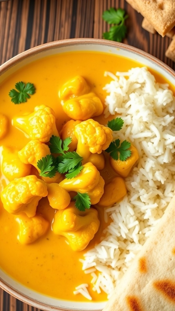 A bowl of spiced cauliflower yogurt curry with cilantro, served with rice and naan on a rustic table.